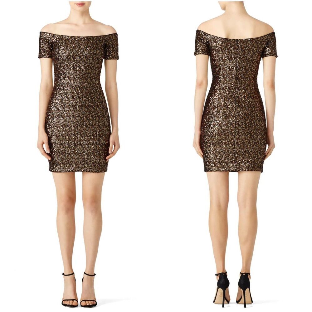 Dress The Population Gold Sequin Sheath Short Sleeve Mini‎ Dress Size XS